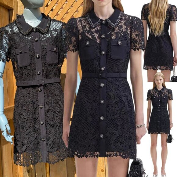 🆕 SELF PORTRAIT 🧿 NWOT Black Lace Button Front Mini Dress, Sz UK 14 US 10 - Picture 1 of 16